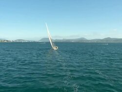 Low flight over Brokenwood, the 54ft yacht sailed by Sailors with Disabilities in the 2009 Sydney to Hobart Yacht Race; Hobart. Skippered by David Pescud, Australia Stock Footage
