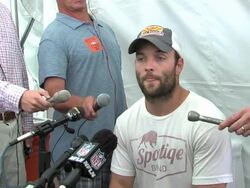 Wes Welker speaks before Broncos training camp Stock Footage