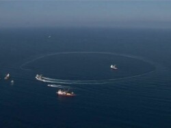 Aerial setting tuna net for fish farm, Limassol, Cyprus. Stock Footage