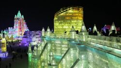 Spectacular illuminated ice sculptures at the Harbin Ice and Snow Festival in Heilongjiang Province, Harbin,  China Stock Footage