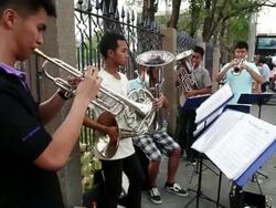 MS ZI Young horn players playing  music on  street / Bangkok, Bangkok, Thailand Stock Footage