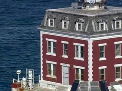 MS AERIAL ZO View of New London lighthouse with Ledge lighthouse / Connecticut, United States Stock Footage