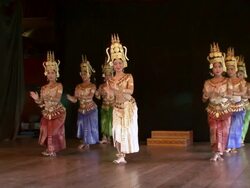 MS Group of female apsara dancers performing dance on stage / Phnom Penh, Cambodia Stock Footage