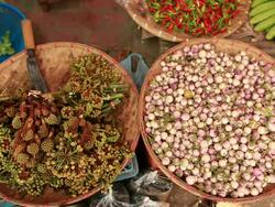 MS Shot of bamboo basket filled with vegetables / Luang Prabang, Laos Stock Footage