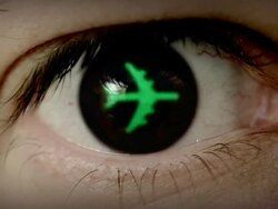 Plane icon shaped iris in eye. Stock Footage