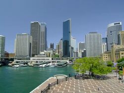 Skyline of the Sydney CBD and Circular Quay Ferry Terminal, Sydney, New South Wales, Australia Stock Footage