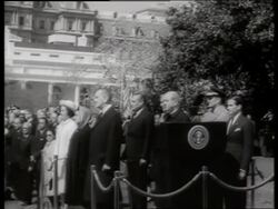 B/W Presidential reception line with LBJ and Indira Gandhi / 1960's / SOUND Stock Footage