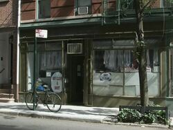 MS Laundromat Drycleaner storefront on quiet Greenwich Village side street - Signage removed / New York, New York, USA Stock Footage