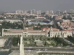 AERIAL WS Cityscape with Jeronimos Monastery / Lisbon, Portugal Stock Footage