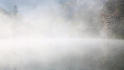 Wet fog moving over Seryangji lake(Reservoir in the Hwasun) Stock Footage