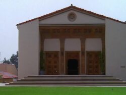 WS ZI Three sets of double wooden doors of auditorium / California, United States Stock Footage