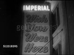1952: BROADWAY: MANHATTAN, NEW YORK: NIGHT:  VS Theater marquees, 'Mrs. McThing' at Morosco Theatre, 'Wish You Were Here' at Imperial, 'The Moon is Blue' at Henry Miller's, 'South Pacific' at Majestic, & 'The Male Animal' at Music Box. NYC Instructional Video