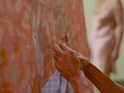 MS PAN TU  Woman working on large painting of model / Tivoli, New York, United States  Stock Footage