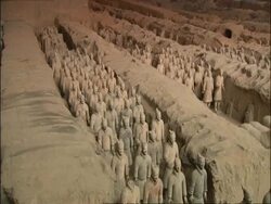 Tilt down to Terracotta Army, Museum of Qin, Xian, China Stock Footage