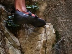 Closeup of a man's climbing shoes. Stock Footage