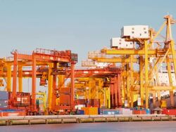 Cargo ship loading goods at shipping port time-lapse Stock Footage