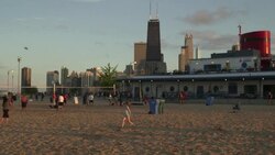 Chicago Skyline from North Ave. Beach at magic hour Stock Footage