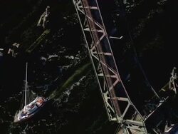 AERIAL MS View of Boat passing under folding bridge / Schleimuende, Schleswig-Holstein, Germany Stock Footage