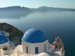 WS View Caldera with church dome / Santorini, Cyclades, Greece Stock Footage