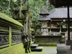 MS Monkey and Priest go in Pura Dalem Agung temple in Monkey Forest / Ubud, Bali, Indonesia Stock Footage