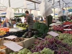 MS PAN Fruits and vegetables at market in Pollenca / Mallorca, Balearic Islands, Spain Stock Footage