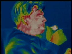 Thermographic image, CU man smoking cigarette, identical shots with info bar on DB 302 Stock Footage