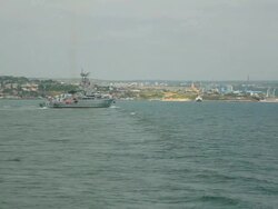 Russian warship in the harbor Stock Footage