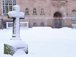 Heavy Snow fall against cross Stock Footage