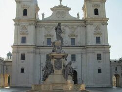 TU Domplatz (cathedral square) with Salzburg Cathedral of St. Rupert's. Mozart was baptized here. Stock Footage