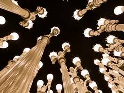 Panning Shot Looking up at Urban Light, LACMA, Los Angeles Stock Footage