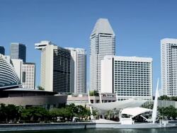 The Esplanade and buildings of Marina Bay, pan right to Mandarin Oriental, Singapore Stock Footage