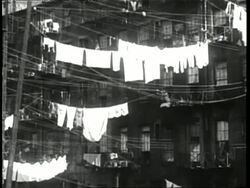 Immigrant women hang laundry from their tenement building clotheslines. News Clip