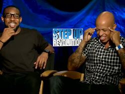 Stephen 'tWitch' Boss & Jamal Sims on working in Miami at the 'Step Up Revolution' Junket, 07/20/12 Stock Footage