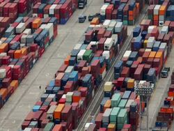 HA, LS Busy shipping container terminal with trucks / Busan, South Korea Stock Footage