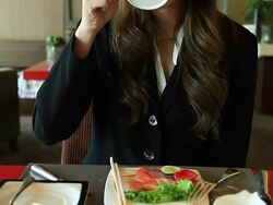 HD:Businesswoman eating breakfast at restaurant. Stock Footage
