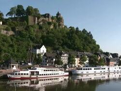 WS View of church St. Laurentius and old town near river Saar / Saarburg, Saar-Valley, Rhineland-Palatinate, Germany Stock Footage