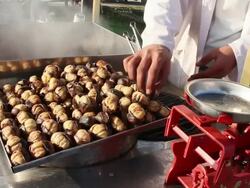 Street vendor roasting chestnuts Stock Footage