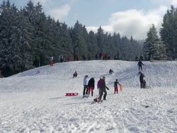 WS Shot of kids sledding on snow in winter / Erbeskopf, Hunsruck, Rhineland Palatinate, Germany Stock Footage