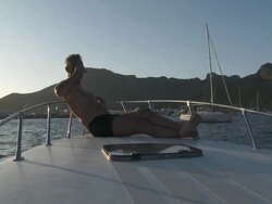 MS View of Men seating on bow of speed boat / Palma de Majorque, Majorque, Spain Stock Footage