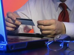 Business credit card, online payment, laptop. Businessmen working overtime, office. Stock Footage