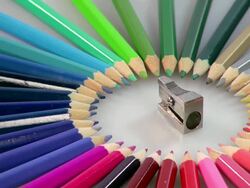 CU Shot of Color pencils with sharpener / Saarburg, Rhineland Palatinate, Germany Stock Footage