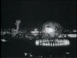 B/W 1964 cable car point of view Unisphere + NY World's Fair grounds at night Stock Footage