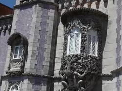 Sintra, Pena National Palace, view of the main entrance and the newt symbolizing the allegory of creation of the world Stock Footage