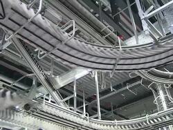 MS PAN Shot of conveyer belts at newspaper printing office / Russelheim, Hesse, Germany Stock Footage