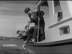 1952: PORTLAND HIGH SCHOOL WORKSHOP: VS Portland H.S. students on boat hooking & pulling lobster crate (lobster trap) out of Portland Harbor water onto boat, pulling out caught lobster. Maine, ME, Old Port district, outdoor lesson, field lesson, catch Instructional Video