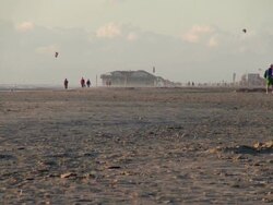 WS View of people waling along sea coast and beach kites flying, North Sea North Frisia, / St. Peter Ording, Schleswig Holstein, Germany Stock Footage