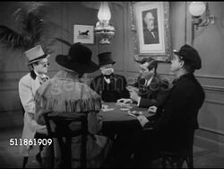 1952: 19th CENTURY GAMBLERS: WS Poker table w/ gamblers sitting, 'Seaman' gesturing w/ hand, bartender bringing sandwich to table. CU Meat between two slices of loaf bread sitting on plate.  VO talking about sandwich invention. Instructional Video