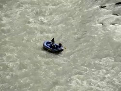 WS TS Tourists rafting in ganges river / Rishikesh, Uttarakhand, India Stock Footage