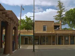 MS, Street scene, intersection of Cathedral Place and East Palace Avenue, Santa Fe, New Mexico, USA Stock Footage