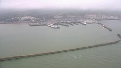 Aerials of Dover Harbour & Cliffs in Foggy Weather News Clip